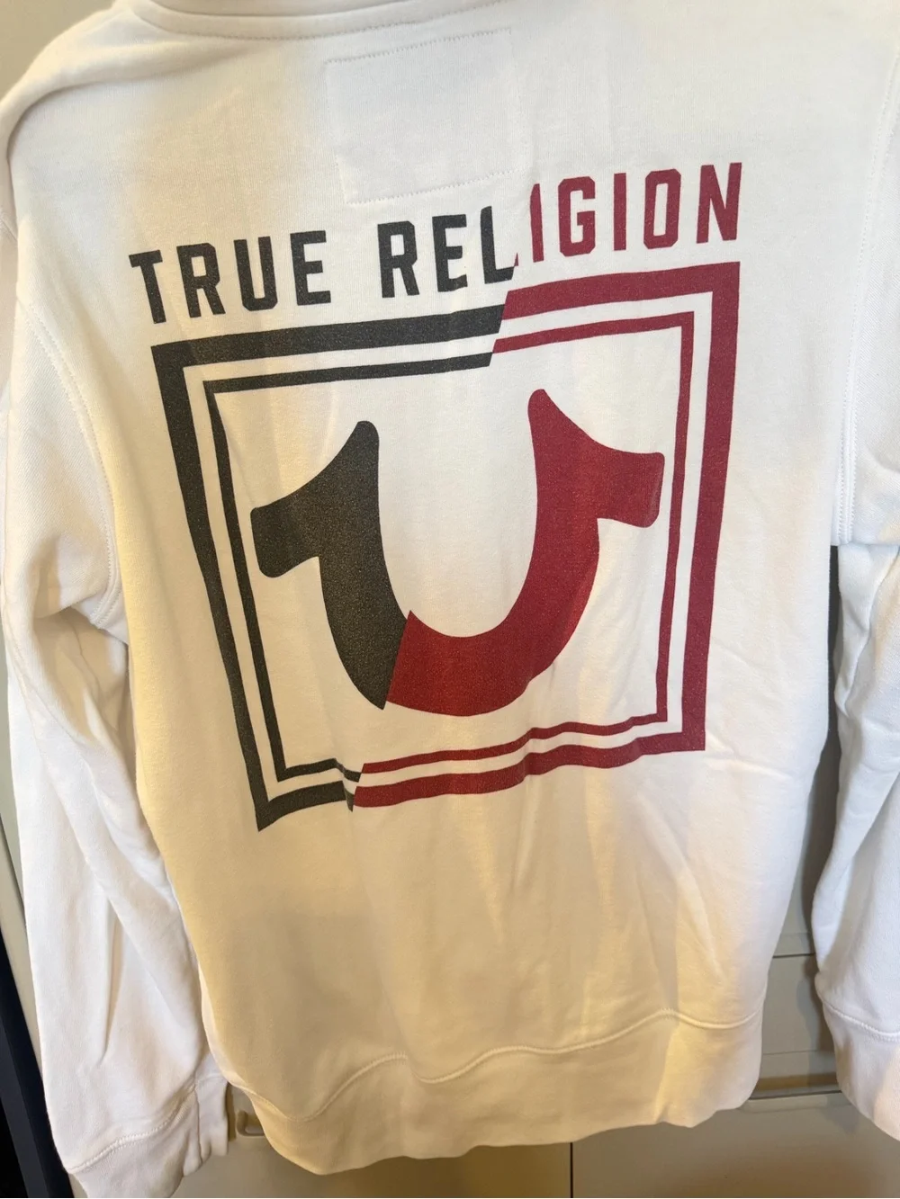 True Religion White Hoodie with Red & Navy Label